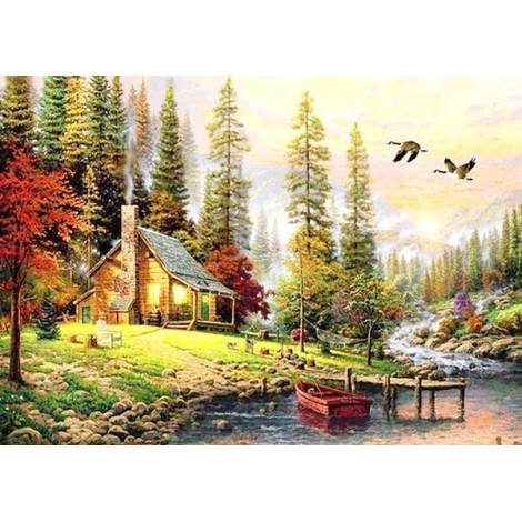 Lodge Cabin by the River Diamond Painting