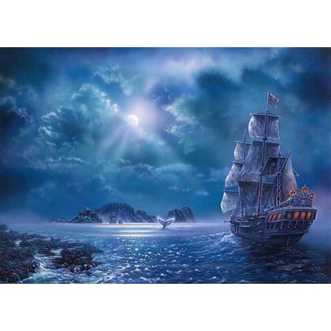 Ship in Ocean at Night