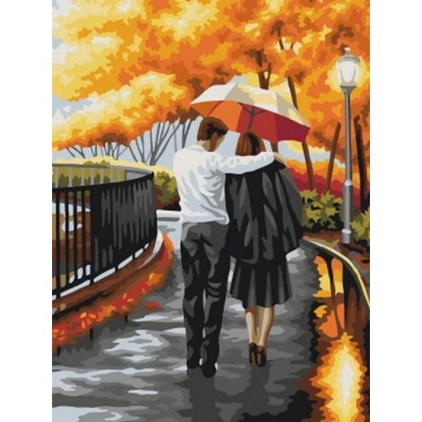 Loving Couple Walking with Umbrella