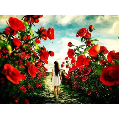 Girl Walking in Rose Garden
