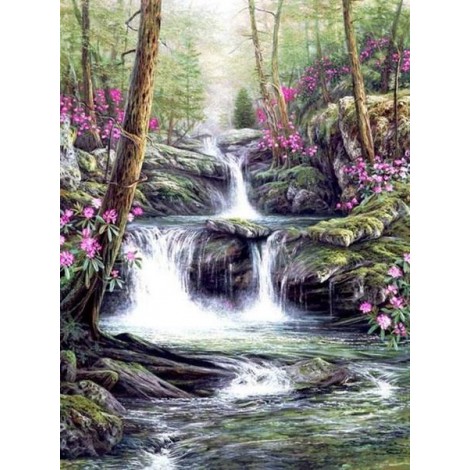 Pink Flowers & Beautiful Waterfall