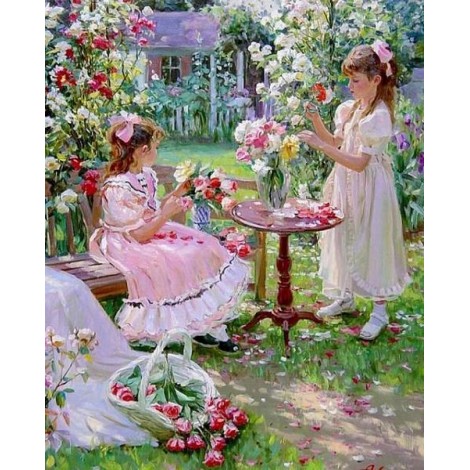 Girls Plucking Flowers in the Garden
