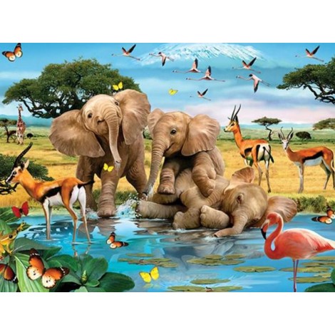 Elephant Babies Playing at Water Pond