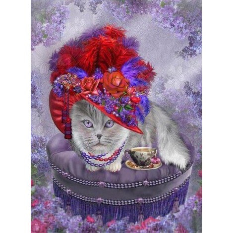 Cat with a Floral Hat & Tea